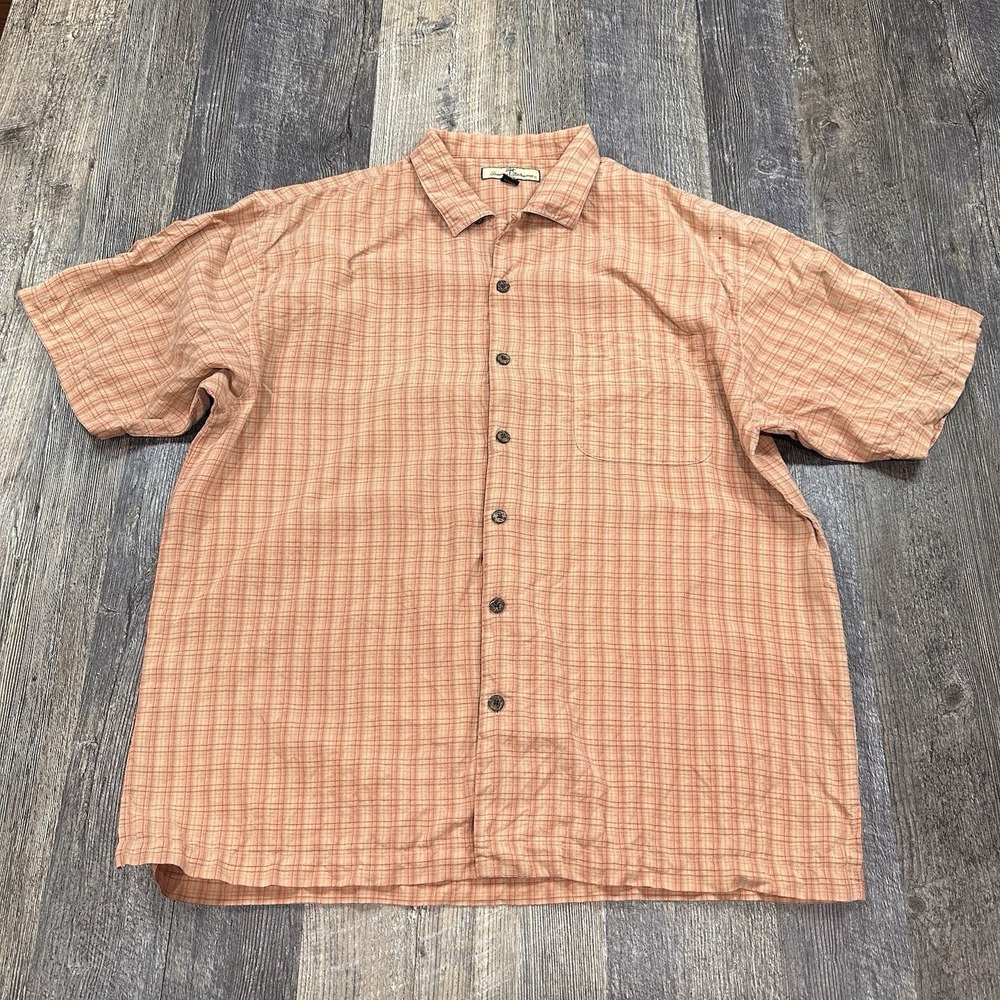 Tommy Bahama Hawaiian Shirt Men's XL Orange Gingham Silk Camp Short Sleeve